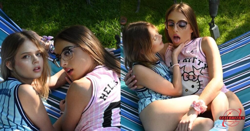 Coco Lovelock and another woman in playful poses on a striped hammock, possibly during a collaboration.