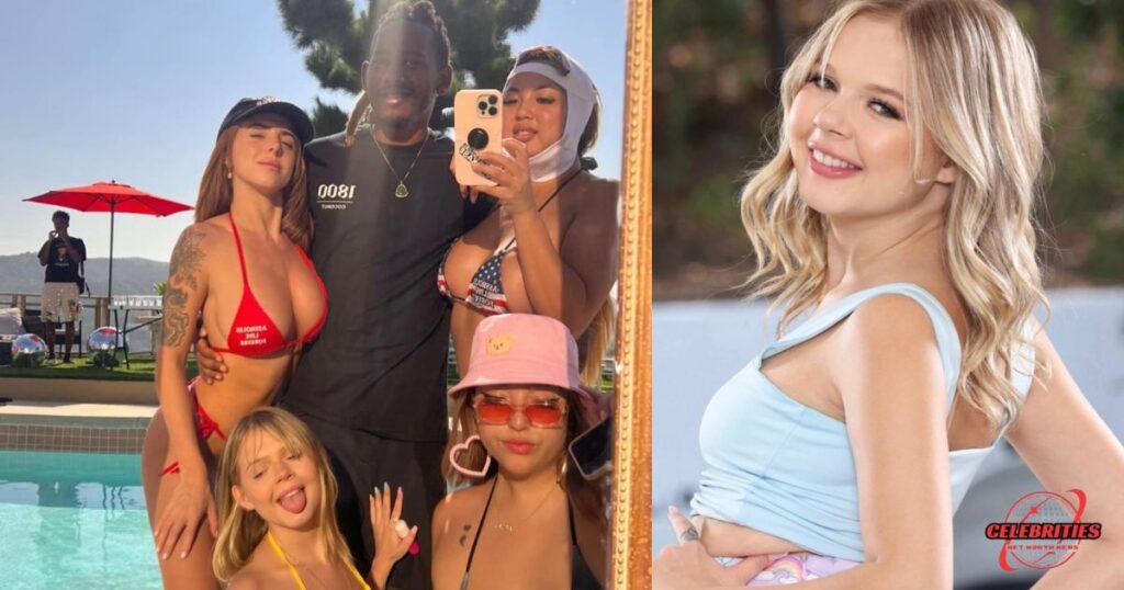Coco Lovelock in a blue top and a group photo with other models by a poolside setting.