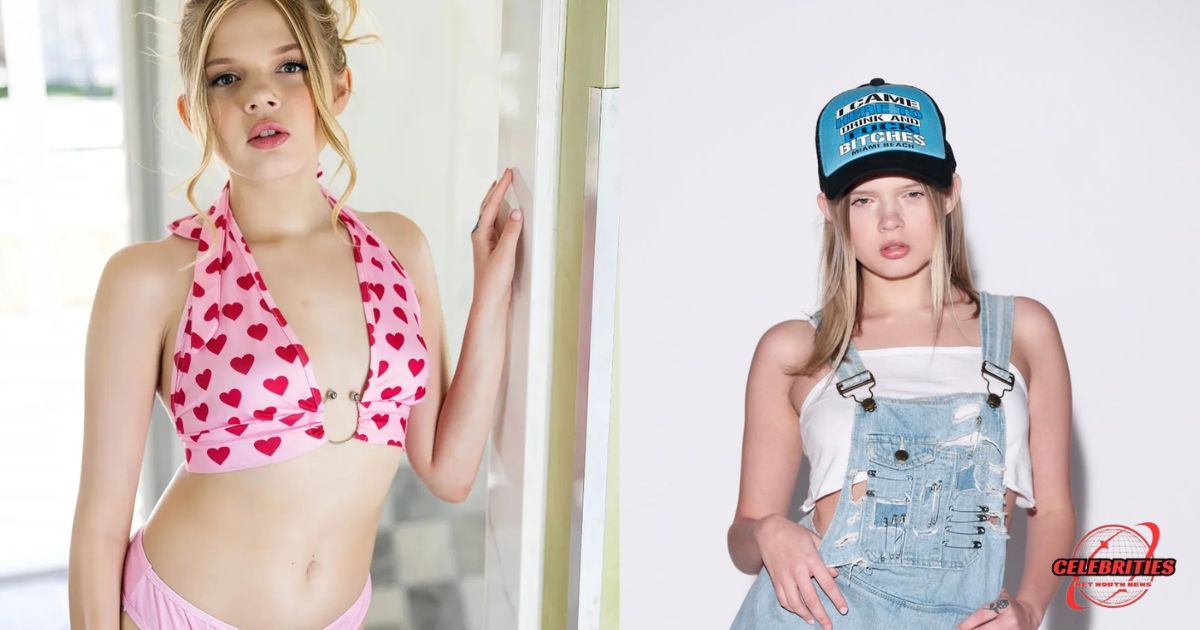 Coco Lovelock in two outfits, one a pink heart bikini and the other denim overalls with a cap.